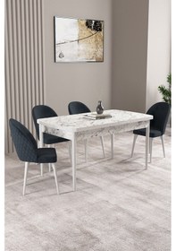 Resim Milas Beyaz Mermer Desen 80x132 Mdf Açılabilir Yemek Masası Takımı 4 Adet Sandalye Antrasit 