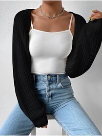 Resim Moibody Triko Örgü Reglan Kol Bolero Hırka Kore Tarzı 4 Mevsim Siyah 