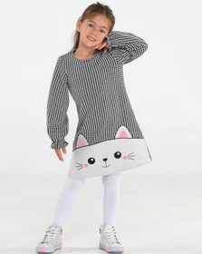 Resim Parlak Kedi Nakışlı Kazayağı Kız Elbise-desenli Gri - Beyaz 