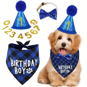 Resim 4'lü Köpek Doğum Günü Parti Malzemeleri, 0-8 Figürlü Köpek Doğum Günü Bandana Şapka Papyon Seti, Evcil Köpek Yavru Kedi Doğum Günü Parti Süslemeleri Mavi 