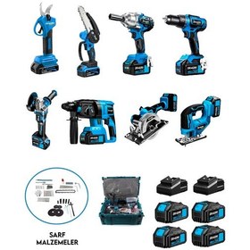Resim Dragro DRG 8LS 4 Akülü 8'li Set Kırıcı + Taşlama + Somun Sıkma + Vidalama + Sunta Kesme + Dekupaj + Makas + Testere Mavi 