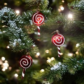 Resim VIP DELUXE 3 ADET ŞEKER ÇUBUK YILBAŞI AĞAÇI SÜSÜ 10 CM PARLAK SİMLİ KIRMIZI NOEL YILBAŞI SÜSLERİ 