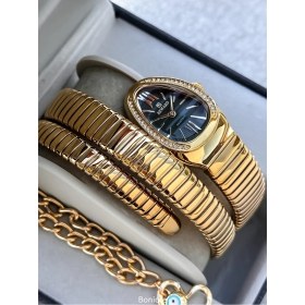 Resim Kalından Inceye Doğru Taşlı Yılan Saat (2 Tur),kibar Kasa (24 Çap),3 Atm Yeşil Çelik Kordon 