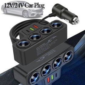 Resim Çok Fonksiyonlu Araç Şarj Cihazı Çift USB + Tip-C Bağlantı Noktası Hızlı Şarj Bir-Den Dört'e Güç Adaptörü Yüksek Güçlü Araç Priz 