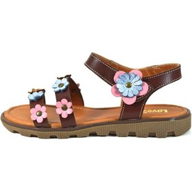 Resim Bayrak Hakiki Deri Kahve Çiçek Ortopedik Kız Çocuk Sandalet 31-36 Kahverengi 