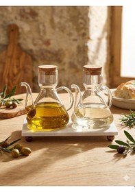 Resim 500 Ml + 500 Ml Liya Mermer Stantlı 2li Borosilikat Cam Mantar Kapaklı Yağdanlık Şeffaf 