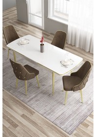 Resim Canisa Tia Serisi Mdf 80x132 Açılabilir Beyaz Gold Detay Yemek Masası Takımı Ve 4 Kahverengi Sandalye Masa Beyaz Sandalye Kahve 