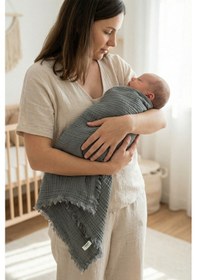 Resim 4 Katlı Müslin Bebek Pikesi %100 Pamuk 85x100 Yenidoğan Bebek Arabası Puset Örtüsü Battaniye Gri 