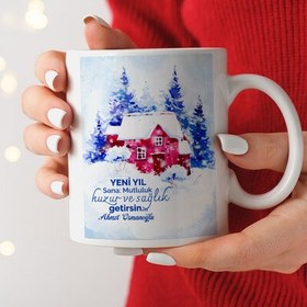 Resim Mesajlı Yılbaşı Dağ Evi Tasarımlı Bardak 