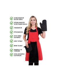 Resim Star Ayar Askılı Havlulu 4lü Mutfak Önlüğü Seti Eldiven Tutacak Kırmızı-siyah-siyah 