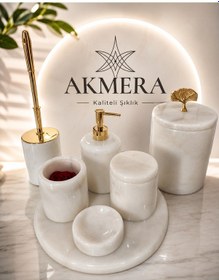 Resim Akmera Elite 7 Parça %100 Gerçek Mermer Banyo Seti Altın - Beyaz 