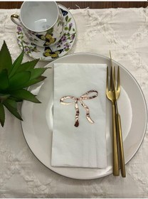 Resim Rose Gold Yaldızlı Beyaz Fiyonk Baskılı Garson Katlama Peçete 16 Adet 