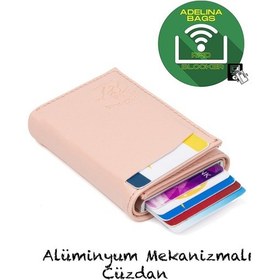 Resim Adelina Bags Pudra Pembe Nova Deri Mekanizmalı Otomatik Kızaklı Kartlık Pudra 