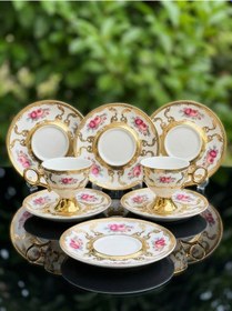 Resim 6 Kişilik 24k Altın Yaldızlı Porselen Lüx Kahve Fincanı Takımı Çiçek Desenli Altın 