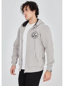 Resim Barlashive Erkek 3 İplik Pamuklu Fermuarlı Kapüşonlu Kanguru Cepli Baskılı Hoodie Hırka Sweatshirt - Boyalı Gri Çok Renkli 