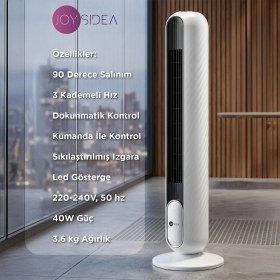 Resim JOYSIDEA Kule Tipi Vantilatör Uzaktan Kumandalı Dokunmatik LED Ekranlı 3 Hız Ayarlı 40W FN-500 