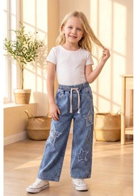 Resim Babymod Yıldız Detaylı Beli Lastik Belli Bol Paca Denim Kız Çocuk Pantolon Mavi 