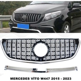 Resim caraks Mercedes Vito W447 Uyumlu Spor Ön Panjur Piano Black & Krom Şeritli 2015 Sonrası 1. Kalite - 