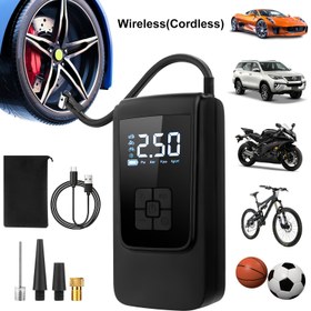 Resim 1 adet Çok Yönlü Kablosuz Dijital Hava Kompresörü, LED Işık & Otomatik Durma Özelliği - USB Şarj Edilebilir, Arabalar, Motosikletler, Bisikletler, Spor Topları için Kompakt Tasarım - Çoklu Adaptörler & Aksesuarlar Dahil, Siyah 