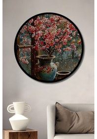 Resim Baharın Geldiği Vazoda Çiçekler Sulu Boya Görünüm Ahşap Tablo Yuvarlak Duvar Tablosu Çerçeve Görünüm--- 50 X 50 