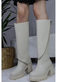 Resim Kadın Krem Cilt Döner Fermuarlı 8 Cm Platform Topuklu Diz Altı Çizme Krem 