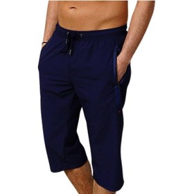 Resim Lacivert Büyük Beden Diz Altı Uzun Model Su İtici Özellikli Likralı Esnek Kumaş Erkek Plaj Deniz Kapri Şort - 941-lacivert 001 