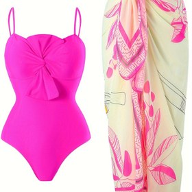 Resim Kadınlar için Güneş Koruma Takımı, İki Parçalı Moda Kemer Düz Renk Tek Parça Retro İnce Mayo Seti 