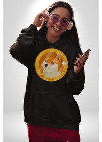 Resim Doge Coin Kadın Erkek Siyah Kapüşonlu Sweatshirt Hoodie Siyah 