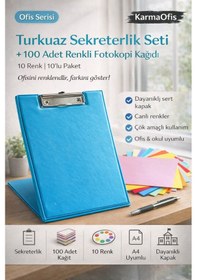 Resim Turkuaz Sekreterlik Seti + 100 Adet Renkli A4 Fotokopi Kağıdı Dayanıklı Kapak, Çok Amaçlı Kullanım 