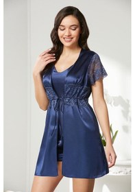 Resim Pierre Cardin Laci Saten Dantelli 3'lü Kadın Sabahlık-şort Takım 2480 Lacivert 