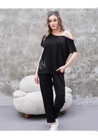 Resim Defymoda Kadın Kayık Yaka Baskı Detay Salaş Bluz Ve Yüksek Bel Pantolon Ikili Takım Siyah 