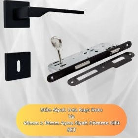 Resim Stilo Siyah Kare Rozetli Oda Kapı Kolu ve 45X18MM Siyah Oda Gömme Kilit Set 