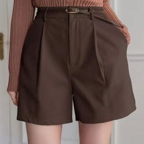 Resim Yüksek Bel Düz Kesim Pileli Cepli Şık Retro Kadın Şort (Kemer Dahil Değildir) 