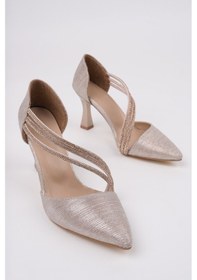 Resim Bulutmod Ba04412 Altın Simli Kadın Üç Taşlı Yanı Açık 8 Cm Topuklu Ayakkabı - 38 Altın Simli 