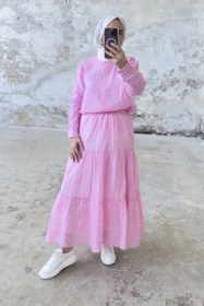 Resim Rahat Kesim Beli Lastikli Kat Kat Uzun Etek 5213 - Pembe - Pembe / L-XL 