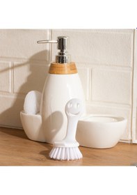 Resim Porsima 5310825 Tezgah Üstü Beyaz Sıvı Sabunluk Fırçalı Süngerli Porselen Sabunluk 700ml 28cm 