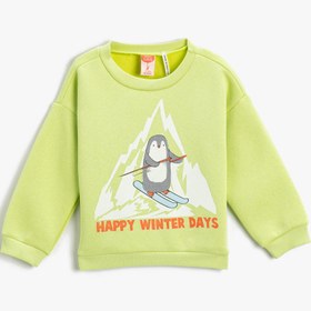 Resim Erkek Bebek Kayak Temalı Penguen Baskılı Sweatshirt Uzun Kollu Bisiklet Yaka 