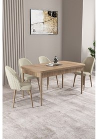 Resim Milas Meşe Desen 80x132 Mdf Açılabilir Yemek Masası Takımı 4 Adet Sandalye Krem 
