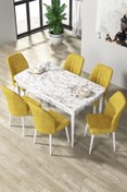 Resim Canisa Par Serisi 70x114, Açılabilir Mdf Yemek Masası Beyaz Mermer Desen Masa Ve 6 Hardal Sandalye Takımı 