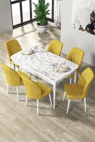Resim Canisa Par Serisi 70x114, Açılabilir Mdf Yemek Masası Beyaz Mermer Desen Masa Ve 6 Hardal Sandalye Takımı 