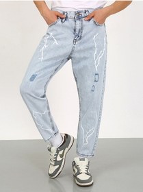Resim Boyfriend Şimşek Desenli Kot Pantolon Buz Mavi 