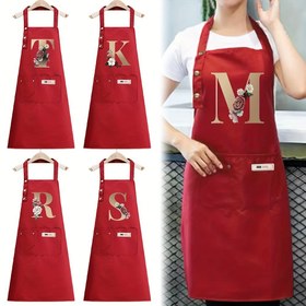 Resim Kızıl Polyester Mutfak Önlüğü, Altın Çiçekli Harf 'M' ile - Ayarlanabilir Omuz Askıları, Büyük Cep, Mutfak, Bahçe, Boyama, Pişirme için İdeal - Tatil, Noel, Cadılar Bayramı, Tatil Önlüğü için Mükemmel | Çiçek İşlemi | Ayarlanabilir Askılı Önlük 