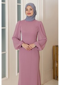 Resim Raika Moda Kol Detaylı Firuze Şifon Tesettür Abiye Gülkurusu 