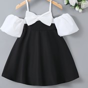 Resim Kadınlar için omuzları açık balon kollu elbise, siyah ve beyaz parti ve performans elbisesi gençler için, ilkbahar/yaz için sevimli polyester tasarım, sevimli elbise 