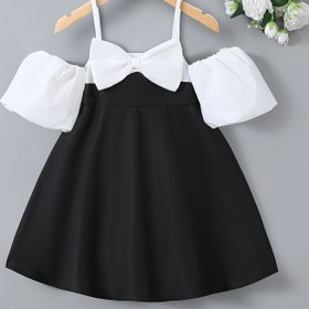 Resim Kadınlar için omuzları açık balon kollu elbise, siyah ve beyaz parti ve performans elbisesi gençler için, ilkbahar/yaz için sevimli polyester tasarım, sevimli elbise 