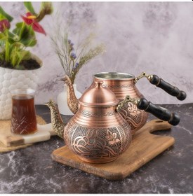 Resim Dmt Copper Gaziantep Bakır Çaydanlık Takımı Ağır El İşlemeli Tuğra Modeli 