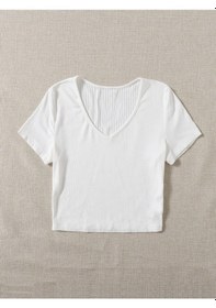 Resim Liona V Yaka Beyaz Renk Fitilli Kısa Kollu Regular Crop Top Bluz 