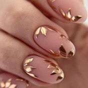 Resim 24 adet Oval Kısa Basınçlı Tırnak, Çeşitli Nude Tonlarda Altın Yaprak Tasarımı ile - Çıkarılabilir Sahte Tırnak Uzantıları, Mat Bitiş, Jel Tutkal ve Tırnak Fırçası Dahil 