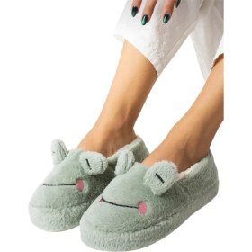 Resim Liger Kışlık Kadın Panduf Ev Ayakkabısı | Kurbağa Figürlü | Kaydırmaz Taban Yeşil 