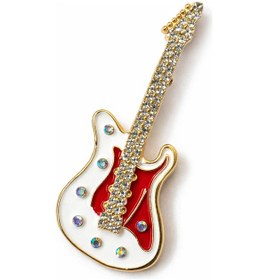 Resim Kırmızı Beyaz Gitar Figürlü Taşlı Metal Broş Altın Detaylı Ceket Çanta Aksesuarı Açık Gri 